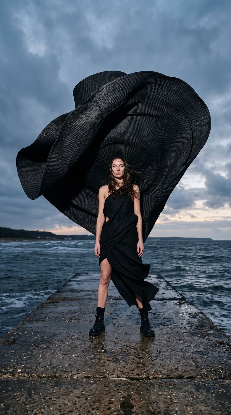 Sculptural hat by the sea